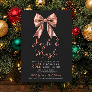 Rose Gold Jingle Mingle Christmas Party Bow Black Invitation