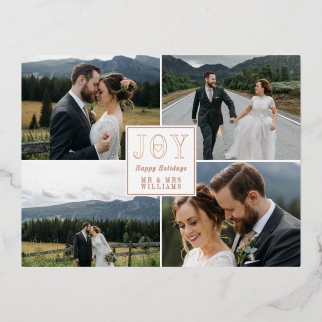Rose Gold Joy Heart Wedding Happy Holidays Foil Holiday Postcard (Front)