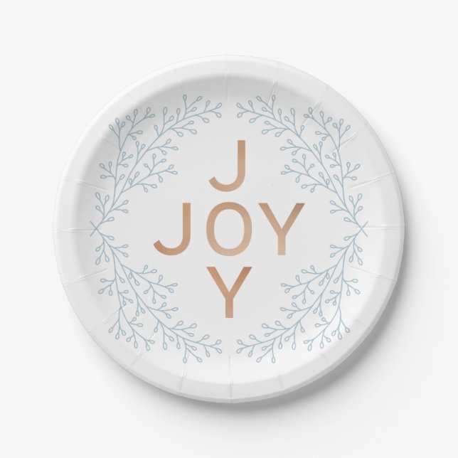Rose Gold Joy White Botanical Background Christmas Paper Plate (Front)