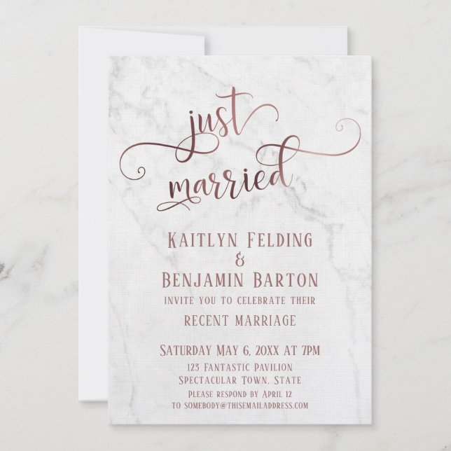 Rose Gold "Just Married" Typography w/ Marble Invitation (Front)
