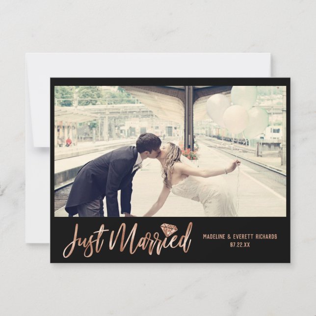 Rose Gold Just Married Wedding Photo Announcement (Front)