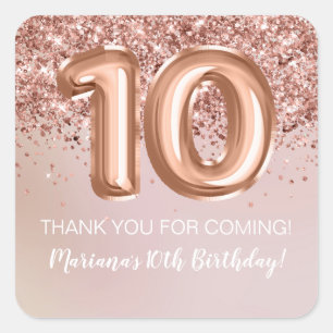 Rose Gold Kids Girl 10th Birthday Party Favour Square Sticker