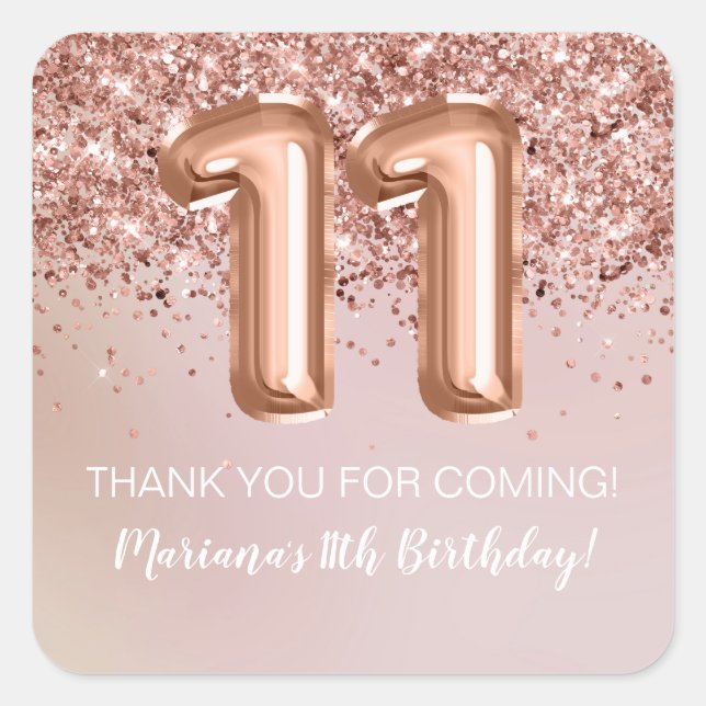 Rose Gold Kids Girl 11th Birthday Party Favour Square Sticker (Front)