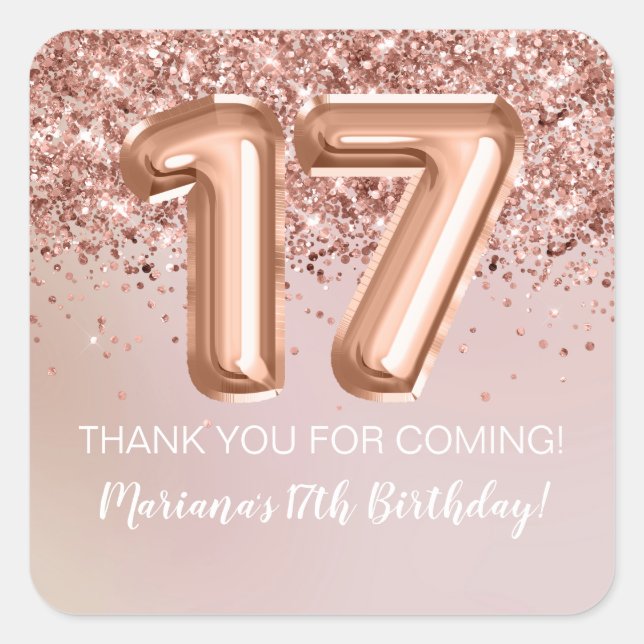 Rose Gold Kids Girl 17th Birthday Party Favour Square Sticker (Front)
