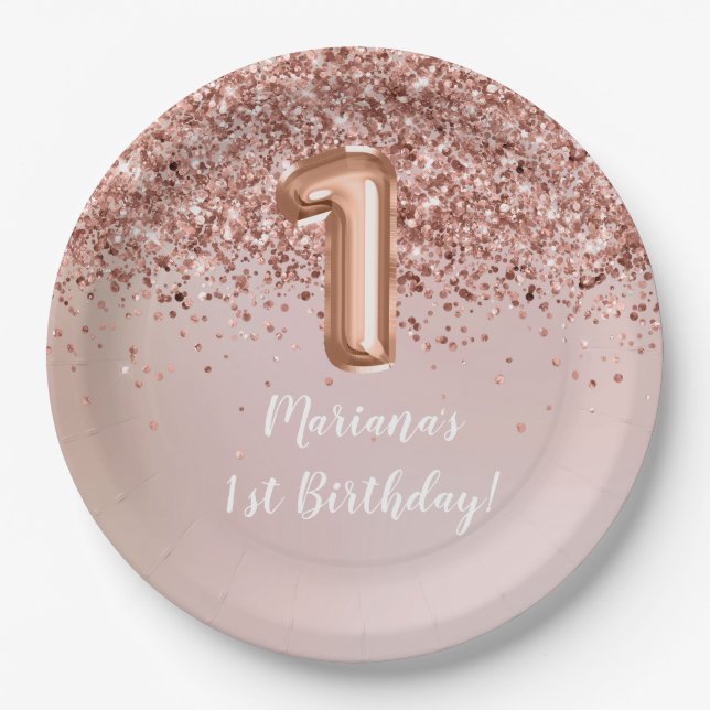  Rose Gold Kids Girl 1st Birthday Party Paper Plate (Front)
