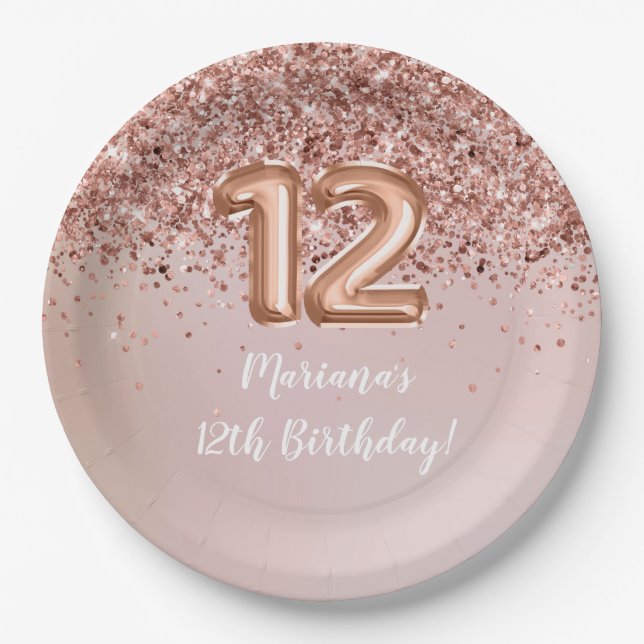  Rose Gold Kids Girly 12th Birthday Party Paper Plate (Front)