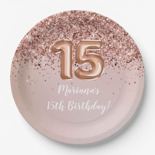  Rose Gold Kids Girly 15th Birthday Party Paper Paper Plate (Front)