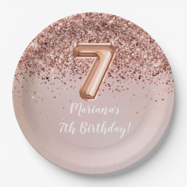  Rose Gold Kids Girly 7th Birthday Party Paper Plate (Front)