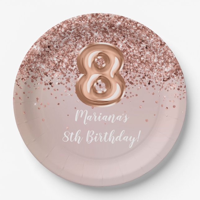  Rose Gold Kids Girly 8th Birthday Party Paper Plate (Front)