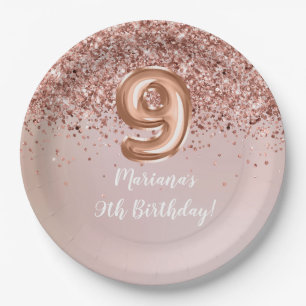  Rose Gold Kids Girly 9th Birthday Party Paper Plate