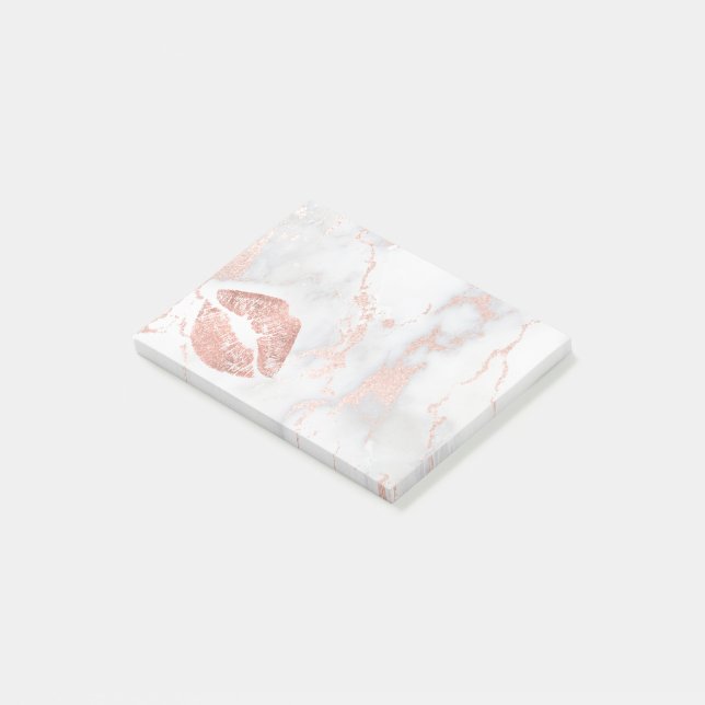 rose gold kiss on pink marble post-it notes (Angled)