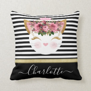 Rose gold kitty princess black white lines  cushion