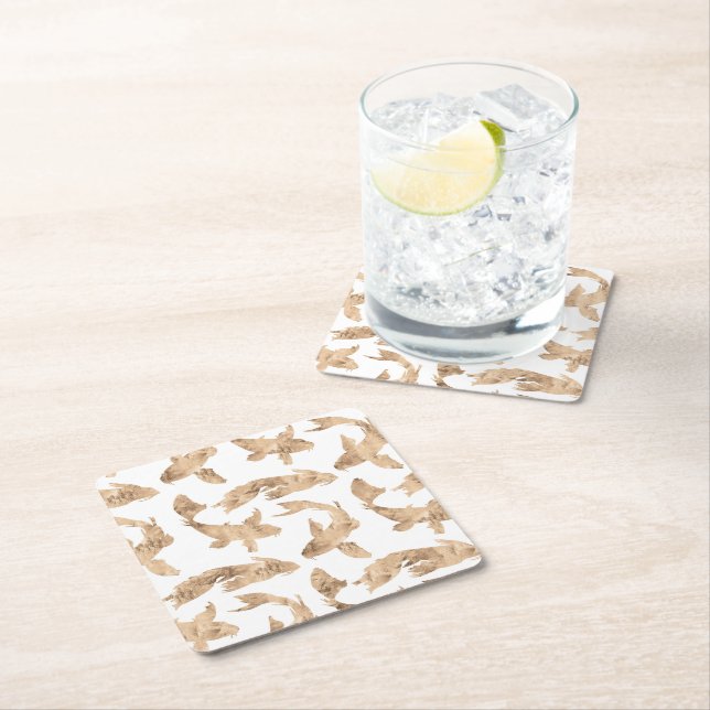 Rose gold koi fish white background square paper coaster (Insitu)