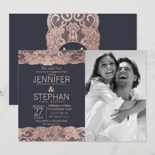 Rose Gold Lace and Navy Blue Engagement Invitation