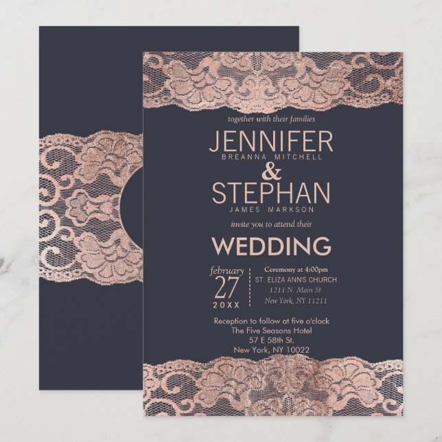 Rose Gold Lace and Navy Blue Wedding Invitations (Front/Back)