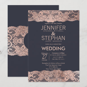 Rose Gold Lace and Navy Blue Wedding Invitations