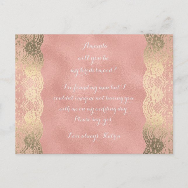Rose Gold Lace Blush Will You Be My Bridesmaid Invitation Postcard (Front)