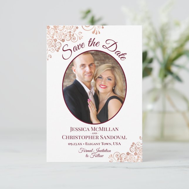 Rose Gold Lace & Burgundy Oval Photo Wedding Save The Date (Standing Front)
