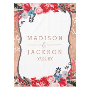 Rose Gold Lace & Floral Elegant Wedding Monogram Tablecloth