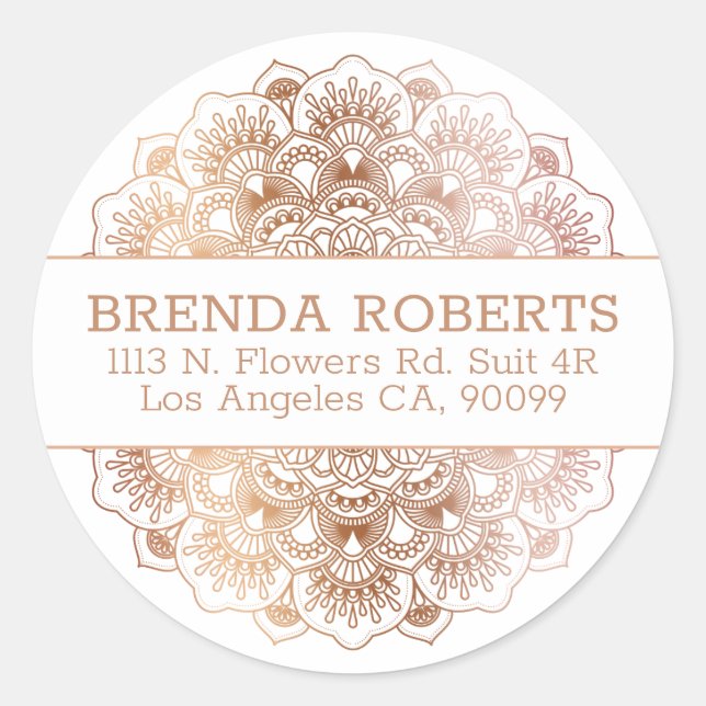 Rose-Gold Lace Floral Mandala Geometric Design Classic Round Sticker (Front)