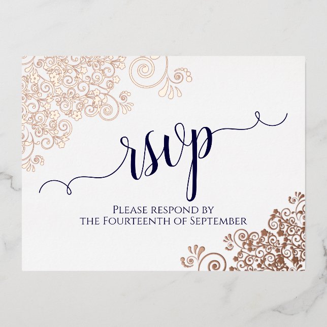 Rose Gold Lace & Navy on White Wedding RSVP Foil Invitation Postcard (Front)