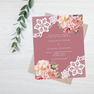 Rose gold lace pink floral wedding invitation