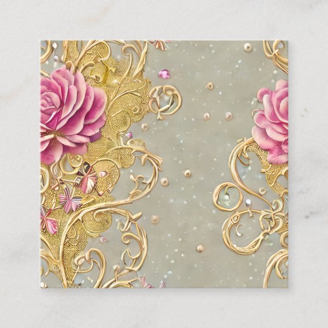 Rose Gold Lace Roses Silver Glitter Planner Square Business Card (Front)