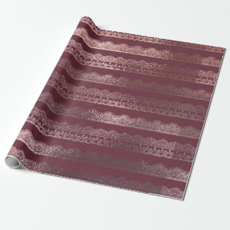  Rose Gold Lace Stripe Pattern on Burgundy Wrapping Paper