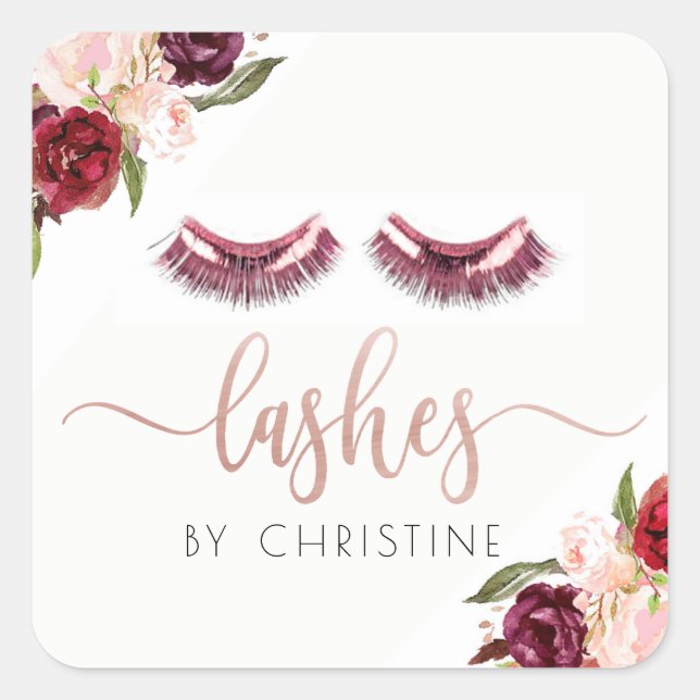 rose gold lashes | burgundy flowers square sticker (Front)