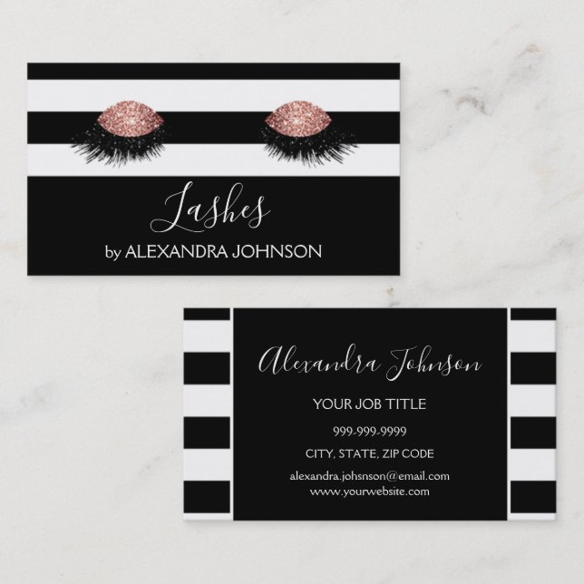 Rose Gold Lashes with Black and White Stripe Business Card (Front/Back)