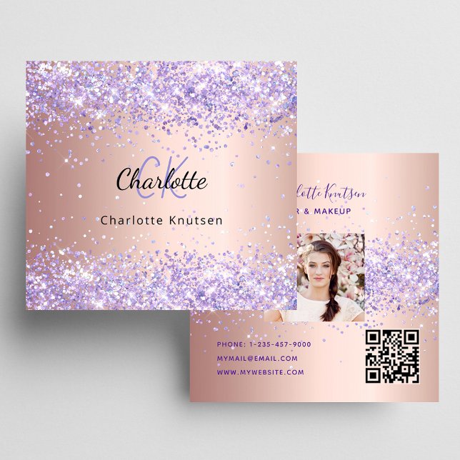 Rose gold lavender glitter photo qr code square business card (Creator Uploaded)