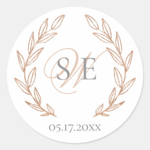 Rose Gold Leaf Elegant Monogram  Wedding  Classic Round Sticker