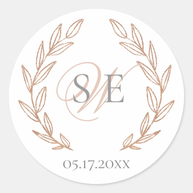 Rose Gold Leaf Elegant Monogram  Wedding  Classic Round Sticker (Front)