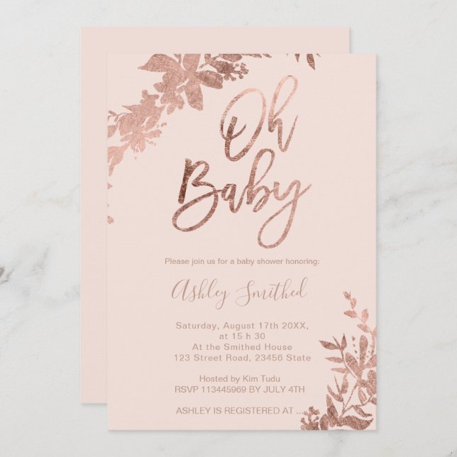 Rose gold leaf floral blush pink Oh baby shower Invitation (Front/Back)