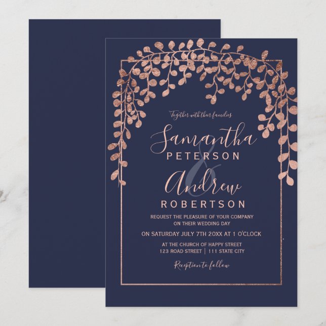 Rose gold leaf navy blue typography wedding invitation (Front/Back)