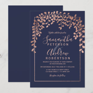Rose gold leaf navy blue typography wedding invitation