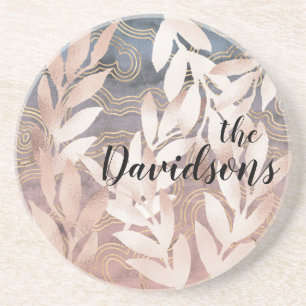 Rose Gold Leaf Sprays on Abstract Bkgd Add A Name Coaster