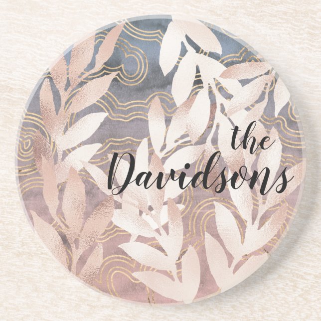 Rose Gold Leaf Sprays on Abstract Bkgd Add A Name Coaster (Front)