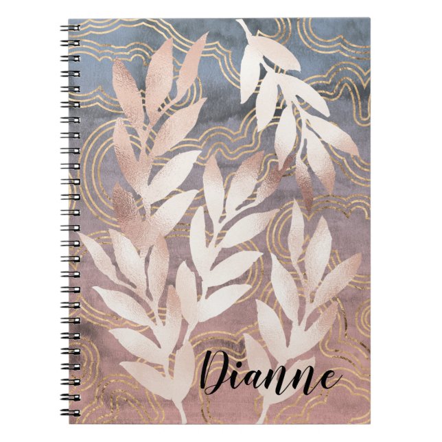 Rose Gold Leaf Sprays on Abstract Bkgd Add A Name Notebook (Front)