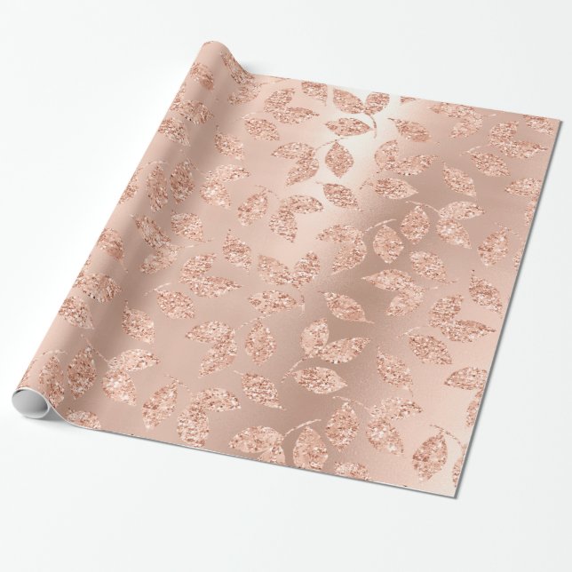 Rose Gold Leafs Blush Copper Skinny Glitter Monoch Wrapping Paper (Unrolled)