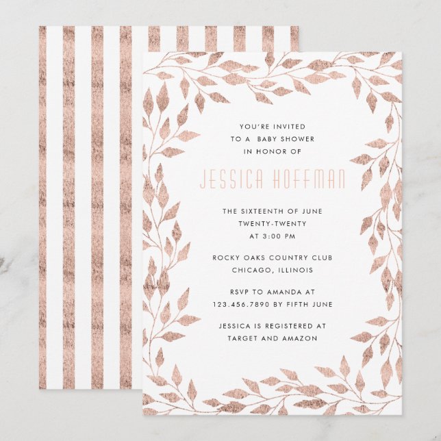 Rose Gold Leafy Border Baby Shower Invitation (Front/Back)