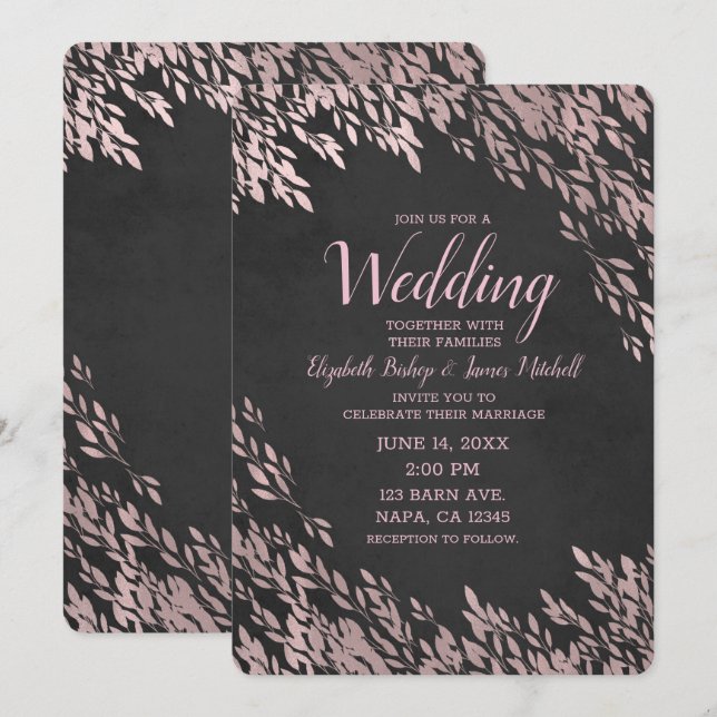 Rose Gold Leaves Black Chalk Chic Rustic Wedding Invitation (Front/Back)