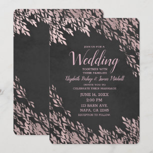 Rose Gold Leaves Black Chalk Chic Rustic Wedding Invitation