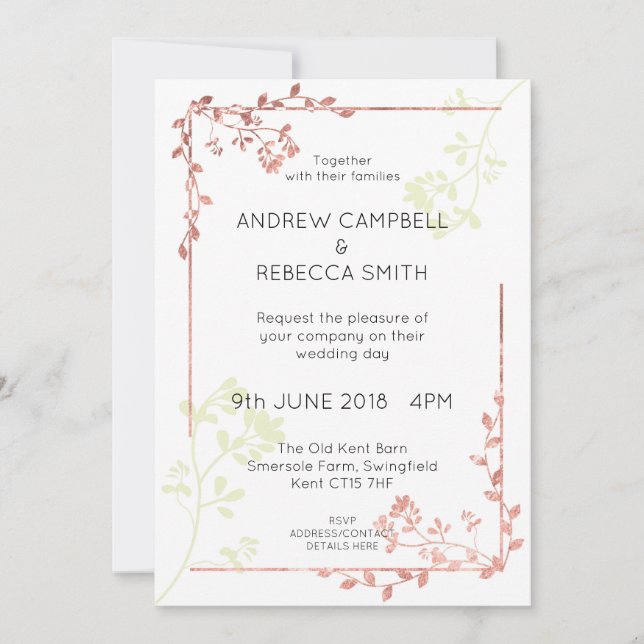 Rose Gold Leaves Border Wedding Invitation (Front)