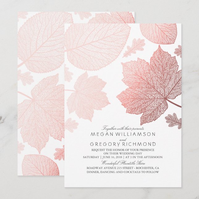 Rose Gold Leaves Elegant White Fall Wedding Invitation (Front/Back)