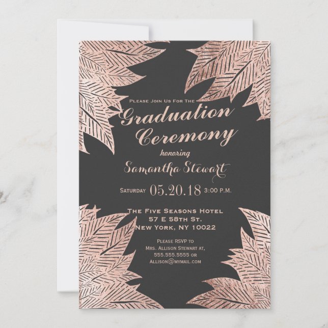 Rose Gold Leaves on Black Graduation Ceremony Invitation (Front)