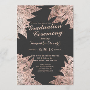 Rose Gold Leaves on Black Graduation Ceremony Invitation