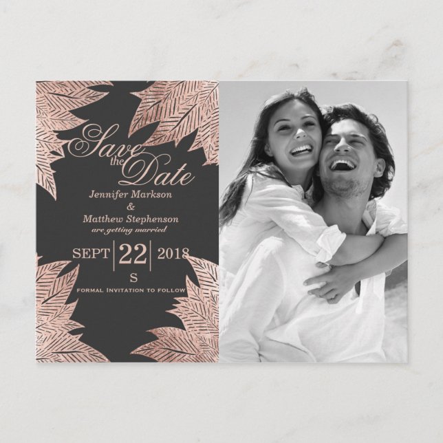 Rose Gold Leaves on Black Save the Date Postcards (Front)