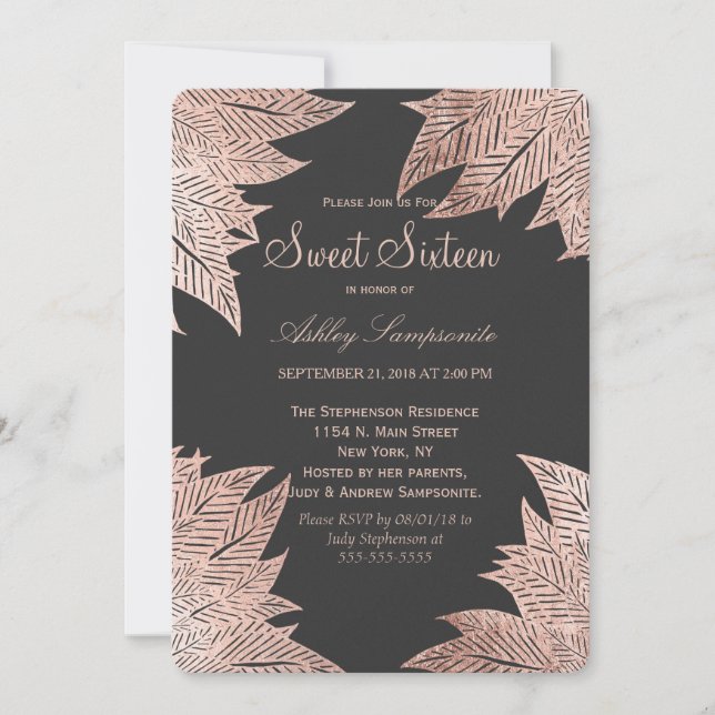 Rose Gold Leaves on Black Sweet 16 Invitations (Front)