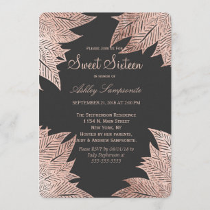 Rose Gold Leaves on Black Sweet 16 Invitations